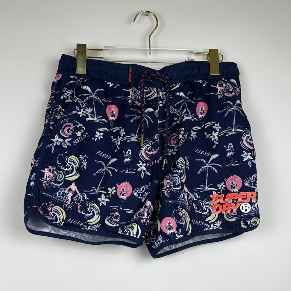 SuperDry Hawaiian Print Men’s Blue Swim Shorts Size Small